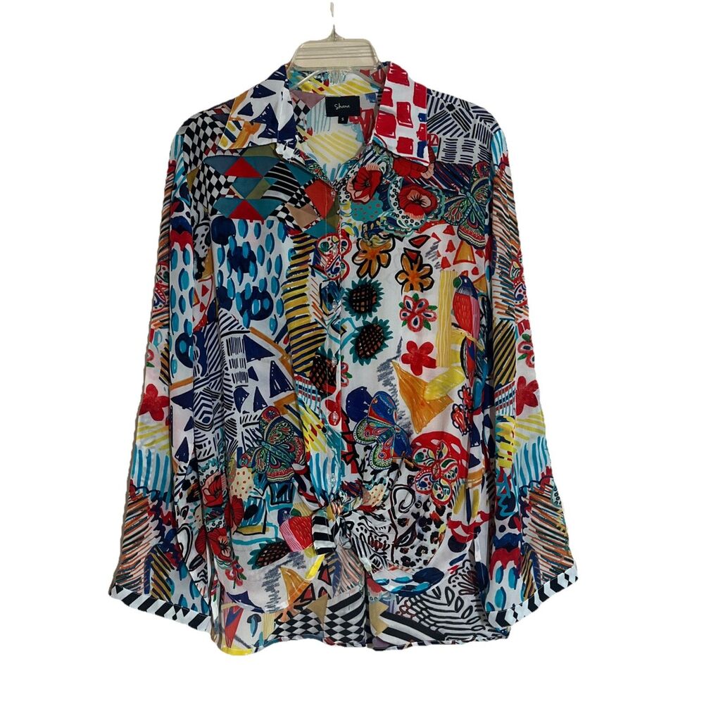 Shana Artsy Blouse Women’s S Multi Colored Roll Tab Sleeve Front Tie Boho Whimsy